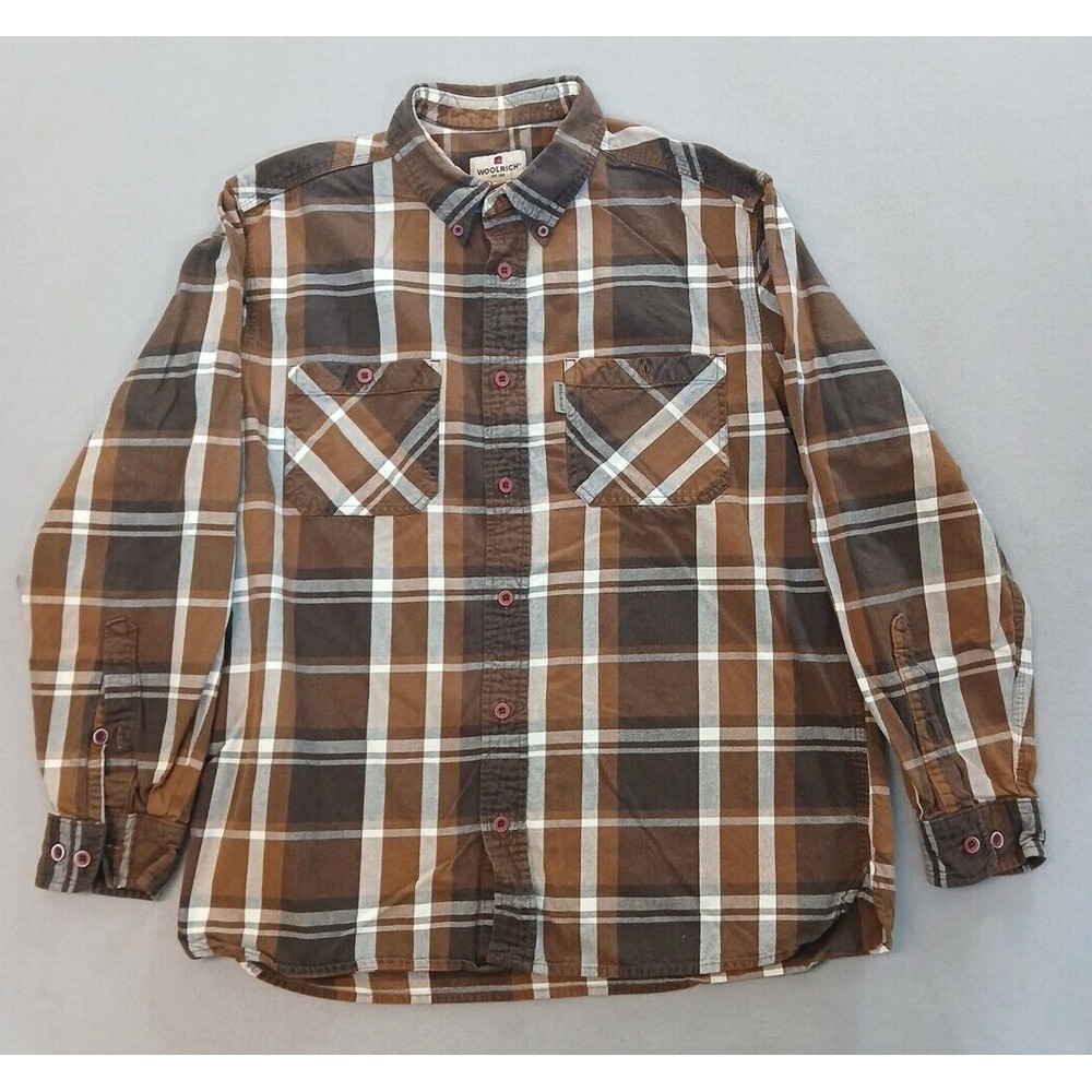 woolrich flannel shirt mens large brownes‎ white plaid button up